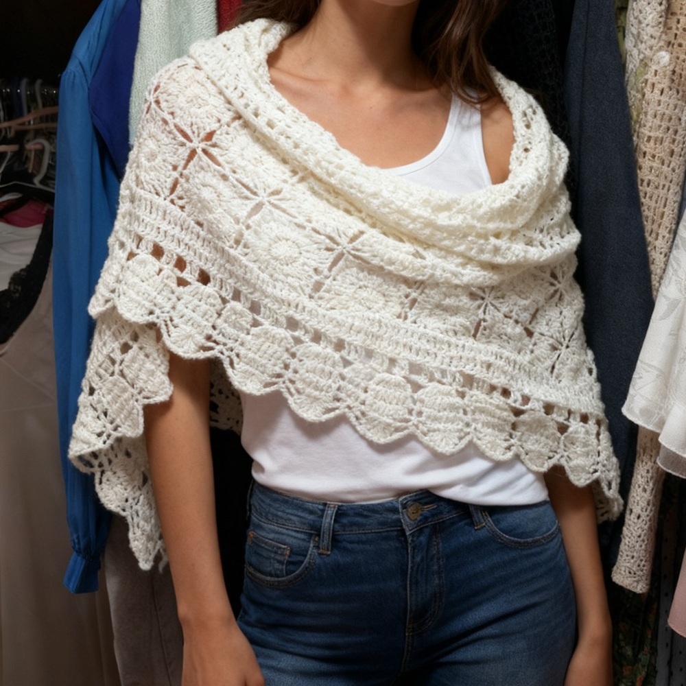 Vintage handmade white crochet Shaw